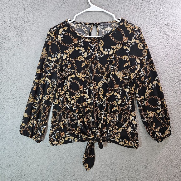Adrianna Papell Top Women Medium Tie Front Geometric Chain‎ Gold Black Stretch - Picture 1 of 10